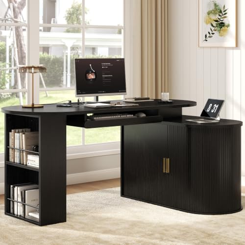 HSH Black L Shaped Office Desk with Storage Cabinet for Home Oak 60 Inch | Executive Woood Fluted Computer Desk with Keyboard Tray and Open Shelves Modern Reversible Mcm Large Swivel Table - color: Black Oak