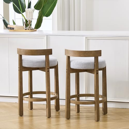 HEAH-YO Mid Century Modern Bar Stools Set of 2, 26.5" Counter Stools with Back, Farmhouse Linen Upholstered Barstools with Solid Wood Legs Bar Chairs for Kitchen Island Dining Room, Light Grey - color: 26.5" Light Grey Linen, size: Counter Height - Set of