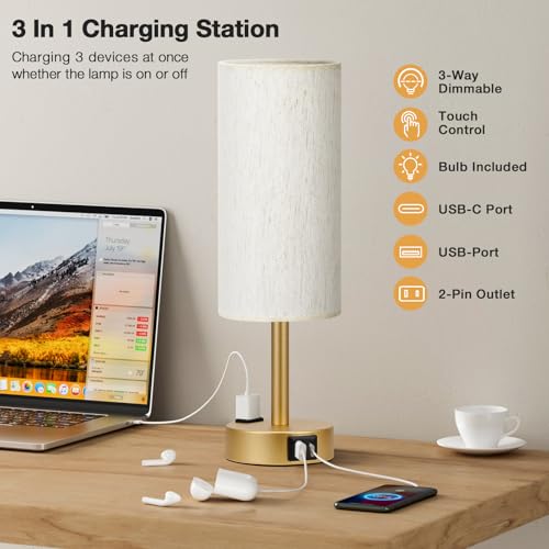 Touch Bedside Table Lamps Set of 2 - Bedroom Lamp with USB A+C, AC Outlet | 3-Way Dimmable, LED Bulb Included, Linen-Texture Fabric Lampshade, Matte Gold Metal Base, 14" Small Nightstand Lamp for Dorm - color: Gold Base Cream Shade, size: 14.0In