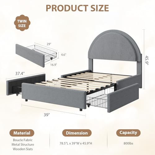Garvee Twin Size Bed Frame with Storage Drawers, Upholstered Boucle Platform Bed with Round Headboard, Heavy Duty & Noise Free, No Box Spring Needed, Grey | Round Headboard, Heavy Duty & Noise Free, No Box Spring Needed - color: Grey, size: Twin