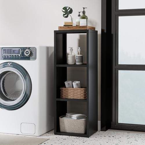 IRONMIX Metal 3 Cube Storage Organizer, Short Black Bookshelf with Storage Cabinet, Narrow Nightstands, Modern Cube Storage Shelf Slim Bedside Table for Small Places, Living Room, 15 min Assembly