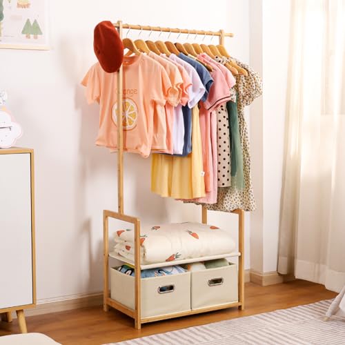 Bamboo Kids Clothing Rack: Holds Up To 121 Lbs of Dress-Up Clothes | 2 Adjustable Hanging Rods & 2 Storage Baskets With Shelf - Child Garment Holder for Playroom & Toddler Bedroom (Natural) - color: Natural