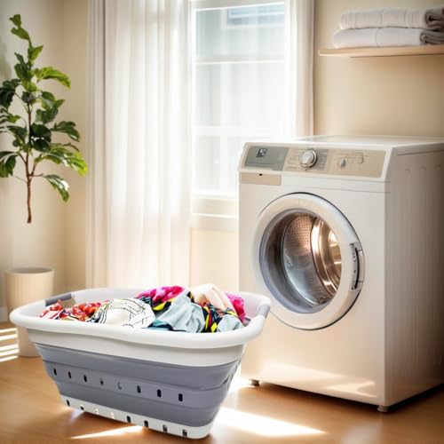 SAMMART 41L Collapsible 3 Handled Plastic Laundry Basket - Foldable Pop Up Storage Container/Organizer - Portable Basket - Space Saving Hamper/Basket (3 handled rectangular, Grey/Dark Grey) - color: Grey/Dark Grey