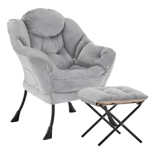 Lazy Chair with Ottoman, Modern Accent Lounge Chair with Side Pocket and Armrests, Cozy Reading Armchair with Footrest, Upholstered Sofa Chair for Small Spaces, Bedroom Living Room, Grey - color: Grey