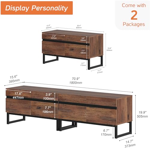 WAMPAT Modern TV Stand for 50-75 Inch TVs, Wood Entertainment Center with Metal Base Storage Cabinets, Media TV Console for Living Room, Brown, 2Pcs - color: Brown, size: 2 Pcs