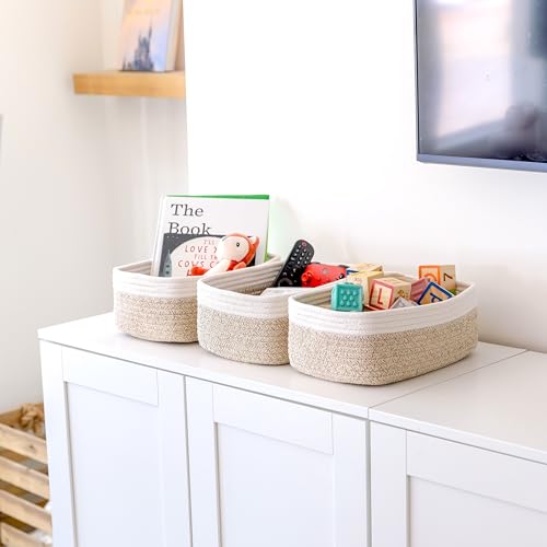 NaturalCozy 11.8"x8"x4.5” Storage Baskets for Shelves 3 Pack | Cotton Rope Woven Small Baskets for Organizing | Small Storage Bins for Nursery, Bathroom, Closet, Cube Shelf, Decorative, Gift Basket - color: Off White & Mixed Brown, size: 11.8" x 8" x 4.5"