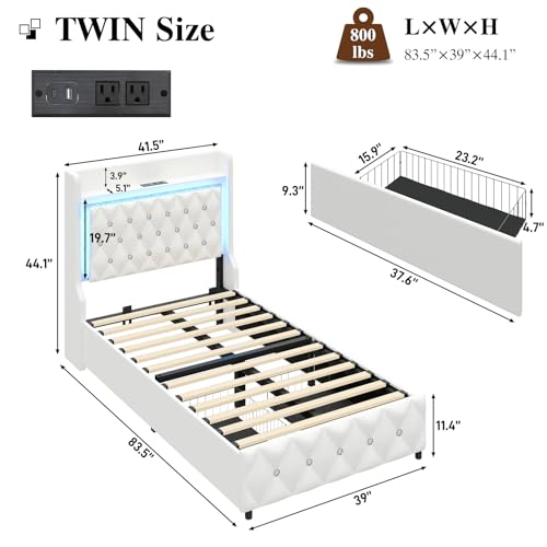 Twin Bed Frame with LED Lights & Charging Station, Upholstered Bed Frame Twin Size with Storage Headboard & 2 Drawers, Diamond Tufted, Curved Wingback, PU Leather, No Box Spring Needed, White - color: White, size: Twin