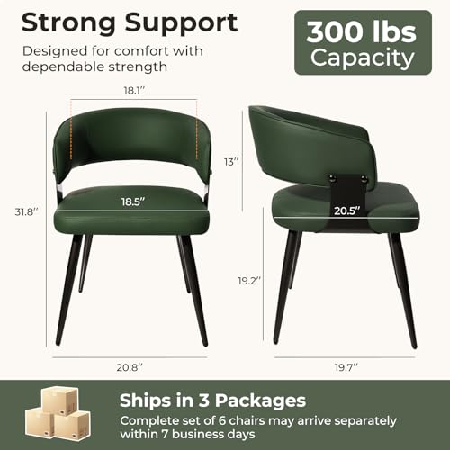 Dining Chairs Set of 6, Modern Upholstered Faux Leather Kitchen Chairs with Curved Back, Easy to Assemble & Clean for Dining Room, Restaurant, Cafe, Green | Faux Leather Upholstery, Curved Back, Metal Legs, Easy Clean, Dining Room, Kitchen, Breakfast Nook