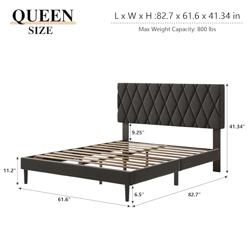 CXVX Queen Size Bed Frame with Diamond Tufted Headboard, Linen Upholstered Platform Bed and Wooden Slat Support, Noise-Free, No Box Spring Needed, Easy Assembly, Dark Grey - color: Dark Grey, size: Queen