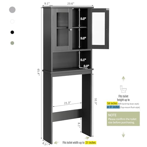 Over the Toilet Storage Cabinet, Bathroom Storage Cabinet Over Toilet, Space Saver with 2 Tempered Glass Doors, Grey - color: Grey, style: Glass Doors
