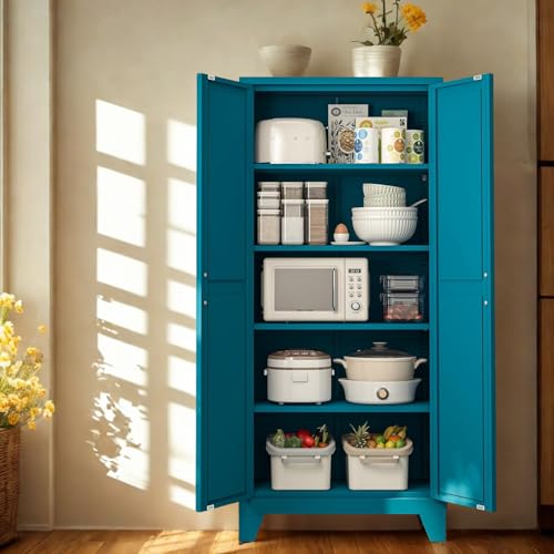 Tall Kitchen Pantry Storage Cabinet,Metal Blue Cabinets With Doors and Adjustable Shelves,Garage Storage Cabinets,Large Steel Shop Cabinet With Lock,Lockable Tool Cupboard For Living Room (Blue) - color: Blue, size: 71"H-2Doors
