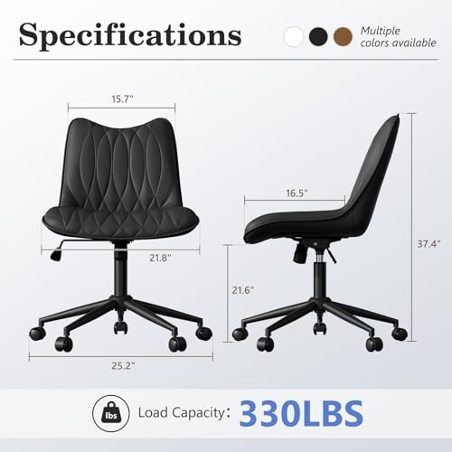 Armless Office Chair, Swivel Rolling Leather Desk Chair, Brown | Waterproof Upholstery, Padded Seat, 15° Relaxing Tilt, 330 LBS Capacity, for Bedroom Vanity and Computer Work - color: Black