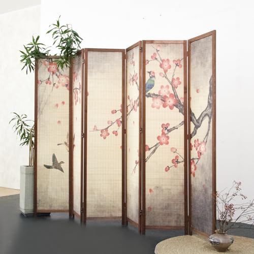 6 Panel Bamboo Room Divider for Room Separation, 5.6 ft Tall Double-Sided Folding Privacy Screen, Premium Thickened Wood Frame with Red Plum Artkwork for Home Office (67" H x 94.5" W) - color: Red Plum, size: 6 Panel