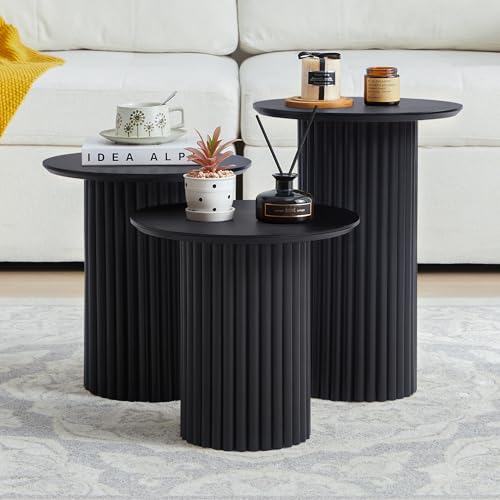 Bifins Black Round Nesting Coffee Table Set of 3 | Coffee and End Table Set,Fluted,Nesting Side Table,Drink Table,End Table,Plant Stand,Mid Century Modern,Nested - color: Black
