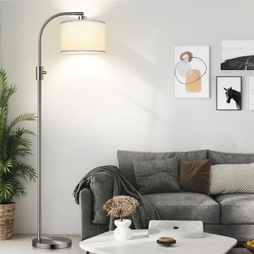 Nintiue Upgraded Modern Arc Dimmable Tall Standing Floor Lamp with Linen Shade, 1200 Lumens LED Bulb Included, for Living & Reading Room, Bedroom, Office & Nursery, Brushed Nickel - color: Brushed Nickel-White Shade
