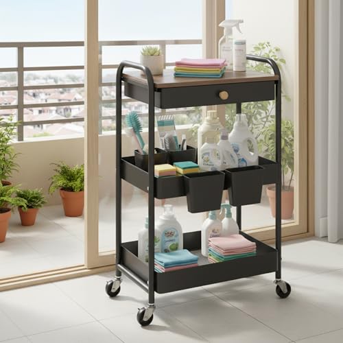 Rolling Cart with Drawers, Black Storage Cartwith Locked Wheels, Hooks & Hanging Cups for Any Room - color: Black