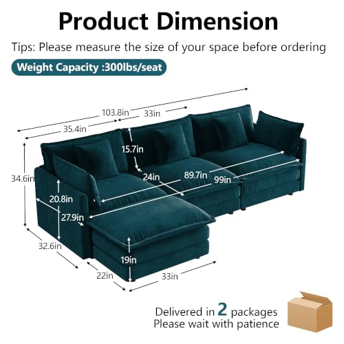 3 Seater Sectional Sofa,103.8 inch L-Shape,Blue | Chenille Deep Seat Sofa with Pillow for Living Room, Bedroom and Apartment - color: Blue, size: 103.8Inch-L