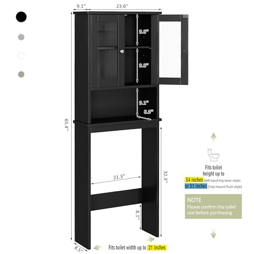 Over The Toilet Storage Cabinet for Bathroom, Black Storage Organizer Over Toilet, Space Saver with 2 Tempered Glass Doors, Black - color: Black, style: Glass Doors