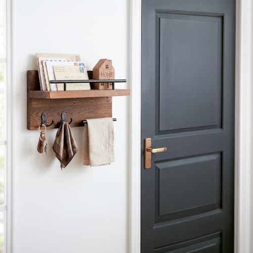 OurWarm Wall Mounted Key Holder/Hangers for Wall Decorative with 5 Key Hooks, Wooden Mail Rack Organizer with Shelf, Rustic Home Decor for Entryway Mudroom Hallway Office, Brown - color: Brown