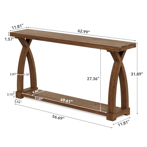 Solid Wood Console Table for Entryway, 63-Inch Narrow Farmhouse Couch Table Behind Sofa with 2-Tier Storage for Entrance, Foyer, Living Room, Long, Dark Brown - color: Dark Brown