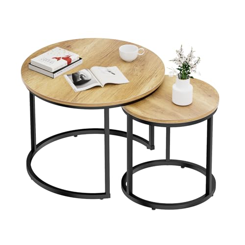 Smuxee Nesting Coffee Table Set of 2, 23.6" Round Coffee Table Brown Wood with Adjustable Non-Slip Feet, Industrial End Table Side Tables for Living Room Bedroom Balcony Yard - color: Brown, size: 23.6"W