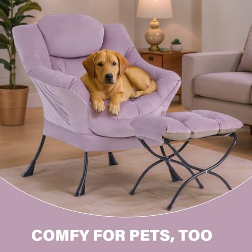Lazy Chair with Ottoman, Comfy Reading Accent Chair, Light Purple | Foldable Footrest, Padded Seat and Backrest, Side Pocket for Lounging in Living Rooms, Bedrooms, Dorms and Small Spaces - color: Light Purple