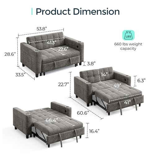 LINSY 54" Pull Out Couch with Charging Station, Small Sleeper Sofa Bed with Cup Holder, 3 in 1 Convertible Loveseat Chenille Sleeper Couch for Apartment, Dorm Room, Bedroom and Small Space, Gray