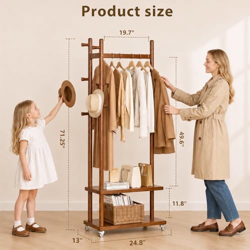 Coat Rack Solid Wood Stand Storage 2 Shelves 4 Hooks Entryway | Hallway bedroom living room office, durable wood construction, freestanding design, coats hats bags storage - size: Walnut - L: 13''Wx 24.8"D x 71"H (With Wheels)