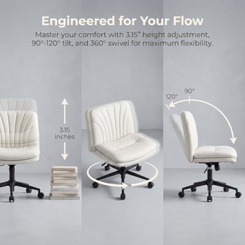 Marsail Criss Cross Office Chair with Wheels, Armless Wide Desk Chair for Active Sitting, PU Leather Cross Legged Chair for Home Office, Pet-Friendly & Easy Clean, Balance Beige - color: Balance Beige