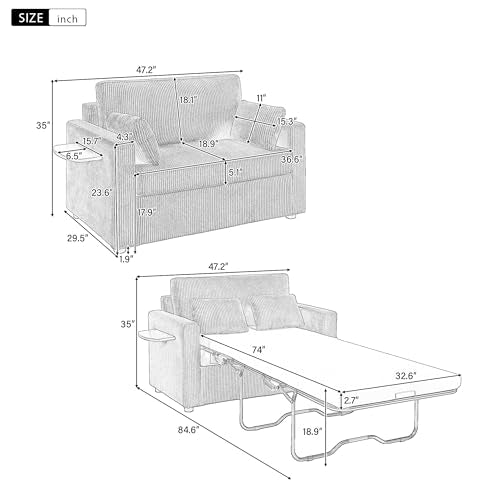 Twin Sofa Bed 47.2" Sleeper Loveseat with USB Ports, Green | Space-saving guest room furniture, compact footprint, built-in charging, handy side pocket, easy pull-out design - color: Green