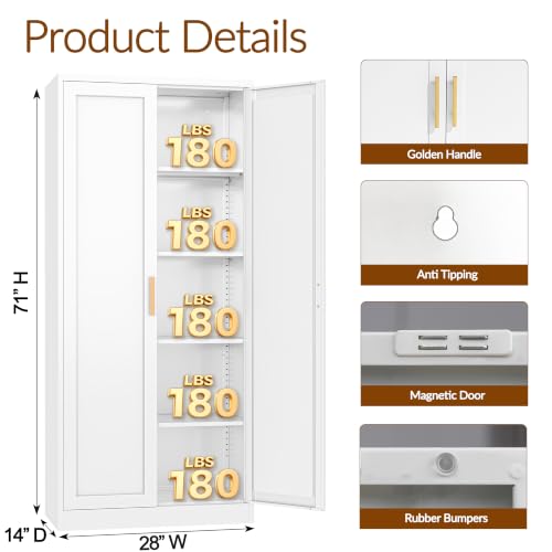 CJF White Kitchen Pantry Cabinet,71 Inch Tall Metal Storage Cabinet with 4 Adjustable Shelves and Doors, Freestanding Pantry Cabinet for Kitchen, Living Room, Dining Room, Bathroom, Easy to Assemble - color: White, size: 71"Hx 28"Wx 14"D-0Drawer