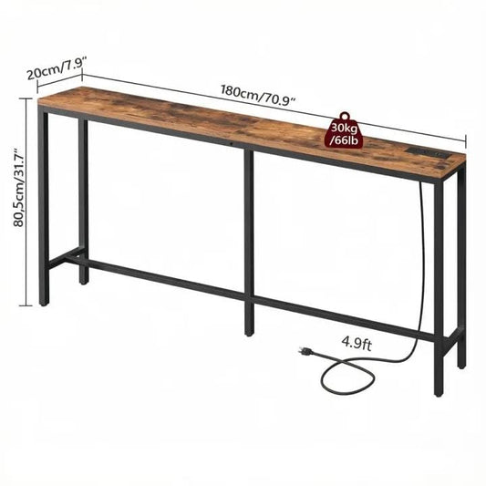 MAHANCRIS 70.9'' Console Table with Power Outlet, Narrow Sofa Table with Charging Station, Skinny Behind Couch Table for Entryway, Hallway, Foyer, Living Room, Rustic Brown CTHR18E01Z1 - color: Rustic Brown, Black, size: 70.9"L x 7.9"W x 31.7"H