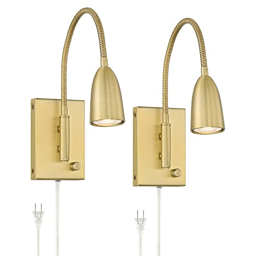 Lido Gold Gooseneck Plug-In LED Reading Wall Lamps Set of 2 Modern | Warm Metal Adjustable Arm for Bedroom Bathroom Vanity Living Room Home Hallway Dining Family Kitchen House