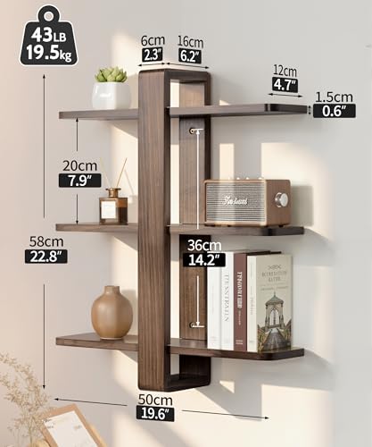 SUMGAR Floating Shelves for Wall Walnut Shelf Unit Mid Century Modern Decor | 3 Tier 20in Adjustable Shelving, Decorative All Pine Wood Storage, for Living Room, Bedroom, Bathroom, Plant Photo Display - color: Walnut