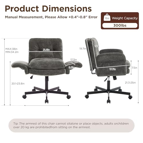 FiveWillowise Cross Legged Office Chair with Flip-up Arms&Low Back,Grey | Criss Cross Chair With Thicken Wide Seat,Lounge Makeup Vanity Chairs with Side Pockets,Comfy Home Office Desk Chair,Chenille - color: Grey