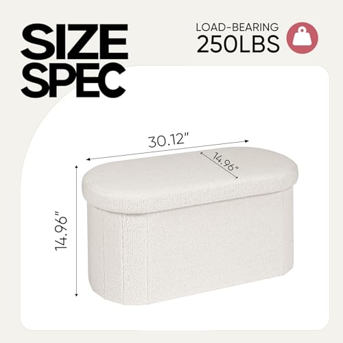 30 Inches Oval Ottoman with Storage, Boucle Sherpa Storage Ottoman Bench, Folding Foot Rest Chest for Bedroom Living Room - color: White, size: 30.1"D x 15"W x 15"H