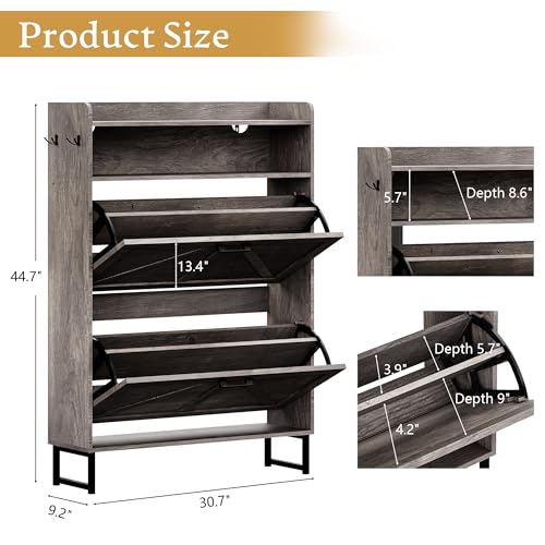 Shoe Storage Cabinet with 2 Flip Drawers, Narrow Wood Shoe Cabinet Storage for Entryway with Metal Legs & Hooks, Adjustable Shelves, Freestanding Shoe Rack Organizer for Foyer, Hallway, Grey - color: Grey, style: 2 Drawers