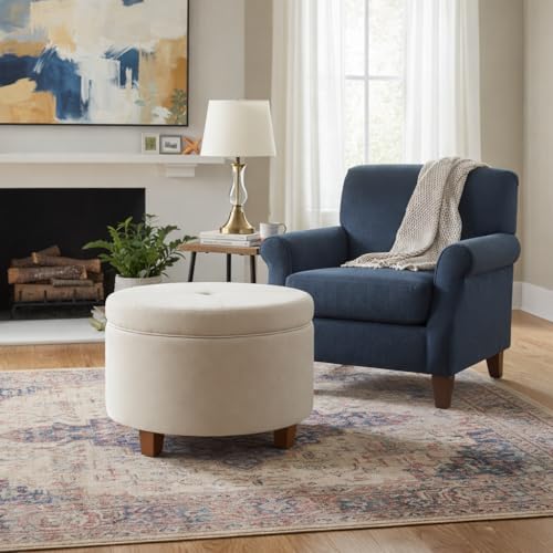 HomePop Round Leatherette Storage Ottoman with Lid, Ivory Large - color: Cream Faux Leather