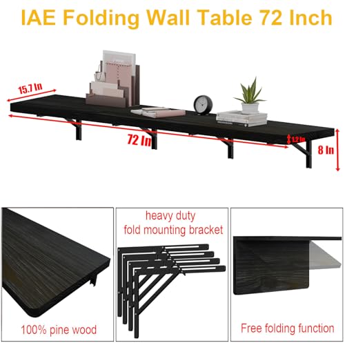 IAE Wall Mounted Folding Table with Pine Wood,72" x 16"Floating Wall Desk | Laundry Folding Table with Shelf Brackets,Fold Down Desk Shelf,Fold Workbench for Apartments,Home,Laundry Room,Kitchen,Black - color: Black, size: 72*16* 8 Inch