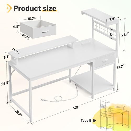 EnHomee 48 Inch White Desk with Drawer & Storage Shelves for Bedroom & Dorm | Drawer, Storage Shelves & PC Stand; Store Gaming Supplies and Tower Case for Tidy Study and Gaming Workspace, White - color: White, size: 48" W