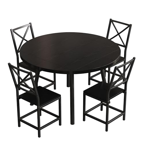 IRONCK Dining Table Set for 4, Round Kitchen Table and 4 Stool Chair for Dining Room, 44.5inch Drop Leaf Desk, Small Space Saving, Black