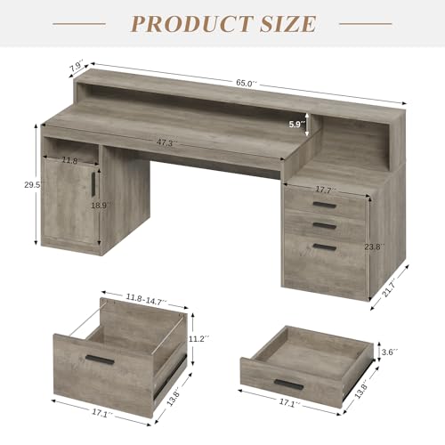 65" Computer Desk with 3 Drawers & Printer Shelf for Home Office | Office Desk with Printer Shelf & File Drawer, Executive Desk Writing Study Table with Monitor Stand, Grey - color: Grey