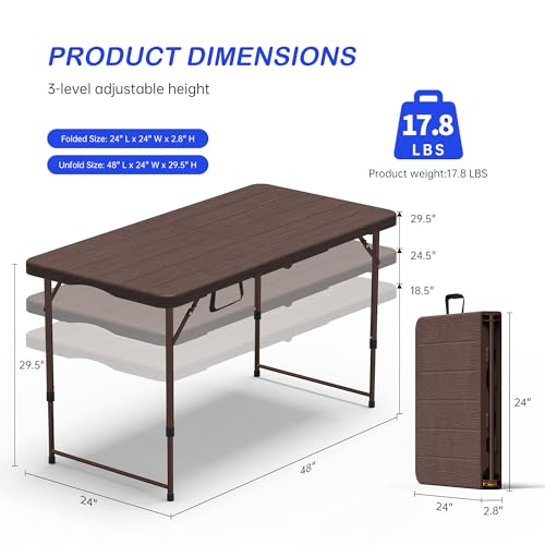 VSOAEIL 4 FT Folding Table 2 Pack, Plastic Foldable Table Adjustable Height | 4 Feet Portable Heavy Duty Utility Folding Table with Handle for Picnic Party Dining Camping Indoor Outdoor,Black - 4 Foot - color: Brown, size: 4 FT - 2 PACK