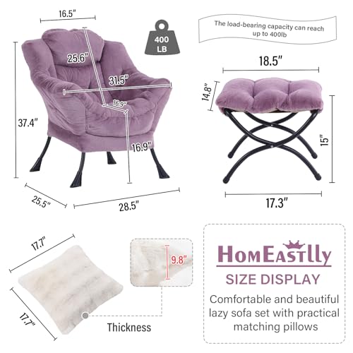 Lazy Chair with Ottoman, Plush Reading Chair with Pillow,Purple | Removable machine-washable cover; includes an extra throw pillow; cozy accent chair for living room, bedroom, dorm or office - color: Plush Purple
