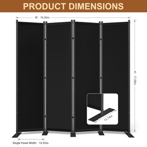 4 Panel Room Divider, 6FT Freestanding Folding Privacy Screen, Room Divider Panel 76.77" W X 75.6" H, Portable Partition Wall Dividers for Home Office Bedroom, Black