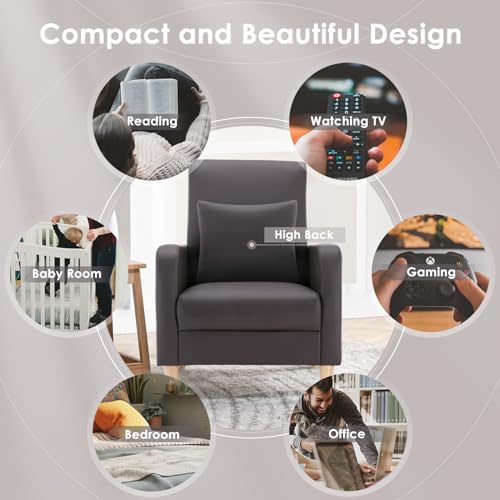 COLAMY Mid-Century Modern Accent Chair, Faux Leather Upholstered Living Room Chair with Back Pillow & Solid Wood Legs, Comfy Armchair for Living Room, Bedroom, Single Sofa, Dark Brown - color: Dark Brown, size: Set of 1