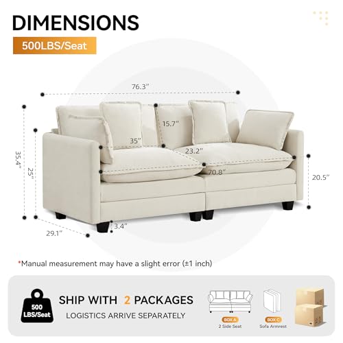 76" Cloud Loveseat Sofa, Modular Sectional Couch with Deep Seats and Double-Layer Thick Cushions, Chenille Upholstered 2-Seat Sofa for Living Room Apartment, Beige - color: Beige, size: 76'' Loveseat