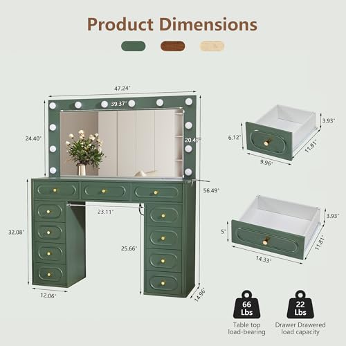Fluted Vanity Desk with Mirror and Lights, Power Outlets, Modern Wood Vanity Desk Makeup Table with 11 Drawers, 3 Color Modes Dressing Table with Storage for Bedroom, Living Room, Green - style: Green