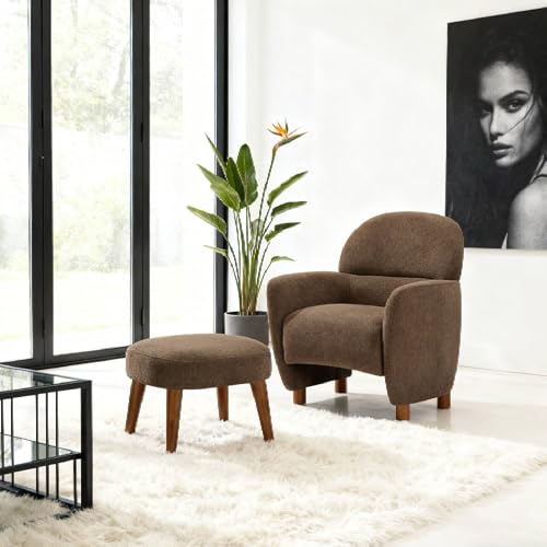Accent Chair and Ottoman Set, Modern Upholstered Barrel Chair w/Footrest, Small Comfy Armchair Boucle Couch Single Sofa Chair for Living Room Lounge Bedroom Reading Corner, Brown - color: Brown, size: Barrel Chair