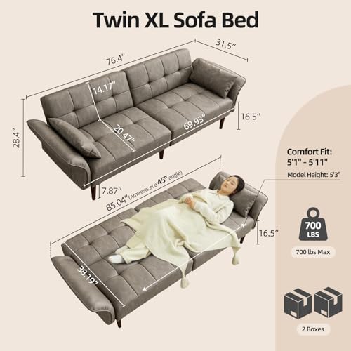 HALLYBEE 85" Futon Faux Leather Couch with Adjustable Armrests Grey | Futon Sofa Bed, Sleeper Sofa, Small Couch with Pillows, Side Pockets, Mid Century Modern, Living Room, Bedroom, Apartment - color: Grey